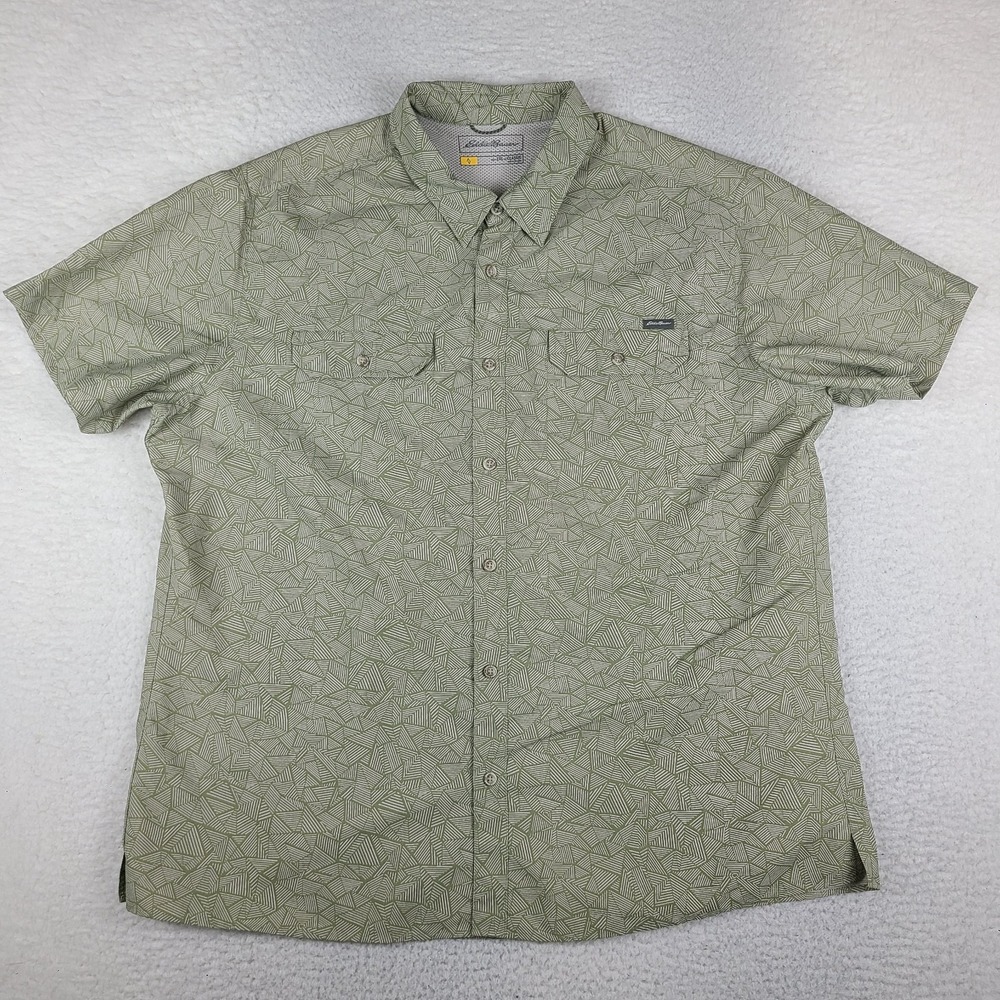 Eddie Bauer TraveX Shirt Mens 2XL XXL Olive Preppy Hawaiian Button Up